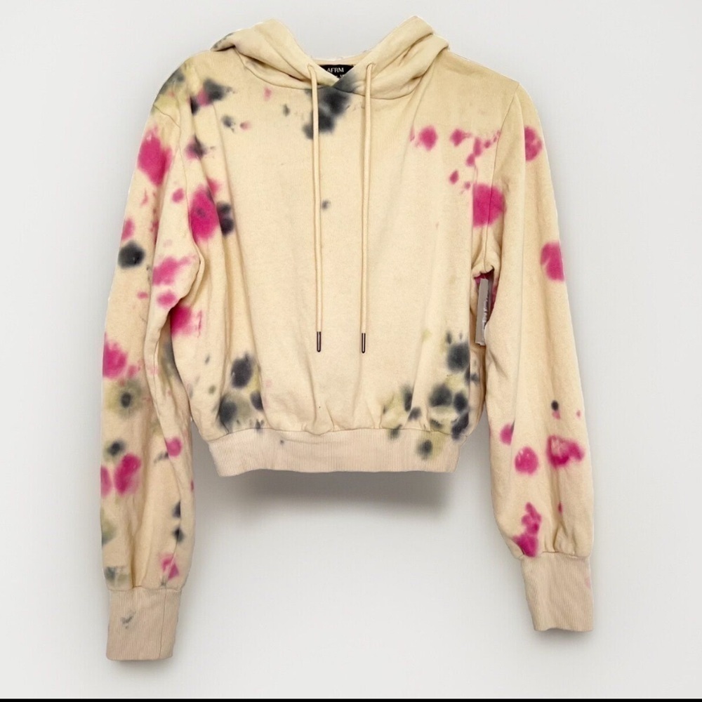 NEW AFRM Cropped Hoodie Sweatshirt SMALL Beige Tan Pink Tie Dye Drawstring NWT